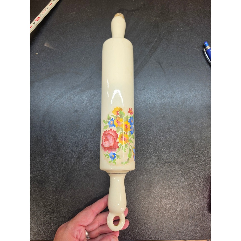 Vintage Ceramic Water Filled Rolling Pin Floral Cross Stitch Cream 15.5in